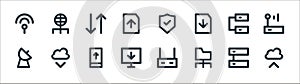 px network and communication line icons. linear set. quality vector line set such as cloud upload, folder, downloading, satellite