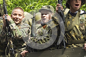 PYATIGORSK, RUSSIA - MAY 9 2014: Victory Day in WWII. Young gunners of the militarized column of military equipment on parade