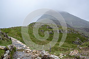 PYG track hiking route up to foggy Snowdon mountain summit - 1 photo