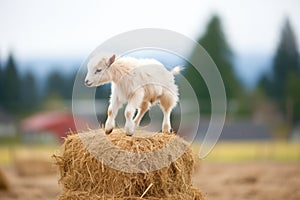 pygmy goat jumping off a small haystack