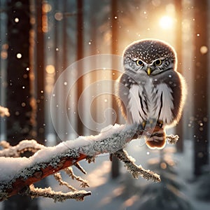 Pygmy Owl Perched On A Branch In The Forest During Winter With Snow AI Generated