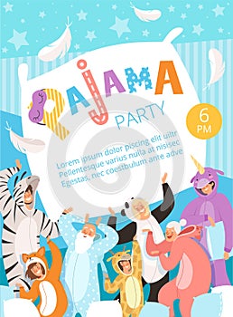 Pyjamas party. Poster invitation for costume nightwear clothes pyjamas celebration kids and parents vector placard