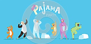 Pyjamas people. Funny characters kids female and male in cute night clothes colored costumes vector pyjamas textile