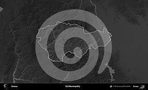 Pyli Municipality highlighted, Greece. Grayscale