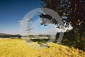 Pylon and big tree in the foreground on the top of Bystricky vrch hill near the town Kadan in czeh republic morning at sunrise