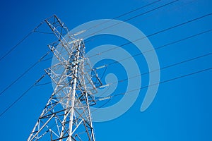 Pylon and High Voltage Powerline with Background Blue Sky