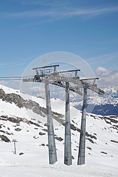 Pylon and ropes of the glacier railway between the towering mountains