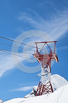 Pylon and ropes of the mountain railway that leads to the summit of the 3029m high Kitzsteinhorn