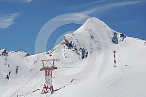 Pylon and ropes of the mountain railway that leads to the summit of the 3029m high Kitzsteinhorn
