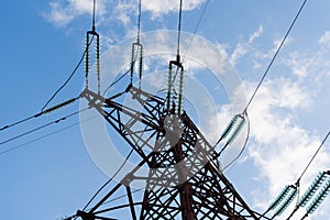 Pylon and transmission power line down view. Blue sky