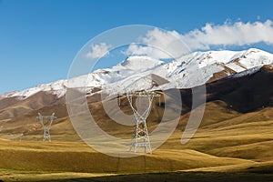 Pylons of high-voltage power lines in the mountains