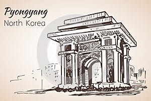 Pyongyang city sketch. North Korea. Arch of Triumph Pyongyang, N