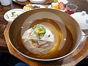 Pyongyang naengmyeon, cold soup with the noodles contained in broth made from beef. Traditional food in North Korea.