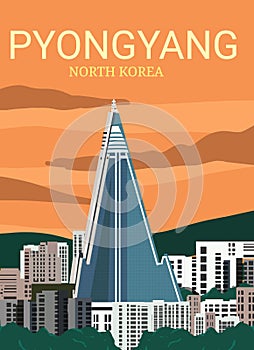 Pyongyang skyline sunset view best for travel poster