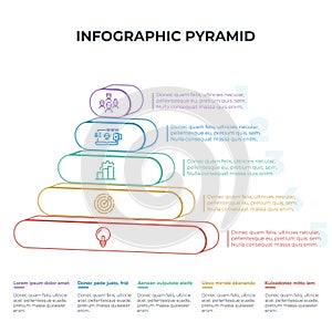 Pyramid 3D info chart graphic for business design. Reports, step presentations in cone shape with icons and description beneath. -