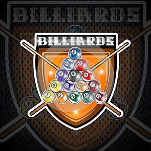 Pyramid of billiard balls with crossed cues in center of shield. Sport logo for any team