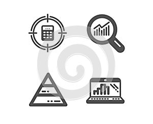 Pyramid chart, Data analysis and Calculator target icons. Graph laptop sign. Vector