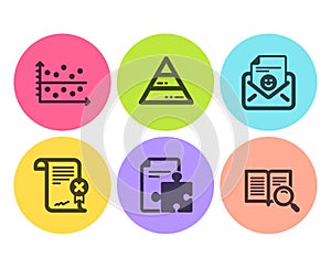 Pyramid chart, Strategy and Reject certificate icons set. Dot plot, Smile and Search text signs. Vector