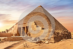 The Pyramid of Cheops and the temple entrance, Giza, Egypt