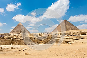 The pyramid of Chephren and the Great Sphinx of Giza in spring