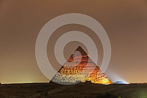 The Pyramid of Chephren night view in the lights, Giza
