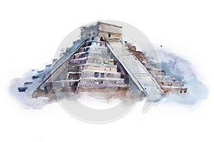 Pyramid Chichen Itza in Mexico watercolor drawing. Temple of Kukulkan aquarelle painting