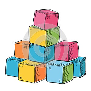 Pyramid colorful blocks stacked, children play blocks, handdrawn style. Kids building blocks