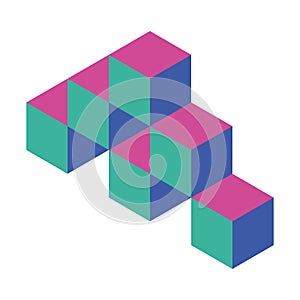 Pyramid of cubes in 3 retro colors. Isometric 3D vector object