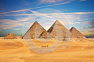 The Pyramid of Egypt complex in the sands of Giza desert, Africa