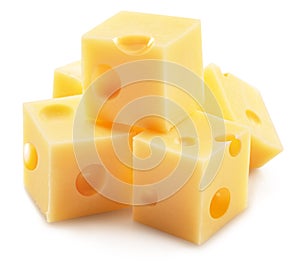 Pyramid of Emmental cheese cubes isolated on white background. File contains clipping path