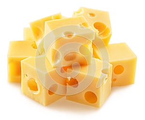 Pyramid of Emmental cheese cubes isolated on white background. File contains clipping path