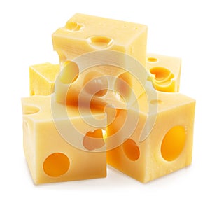 Pyramid of Emmental cheese cubes isolated on white background. File contains clipping path