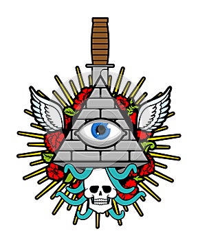Pyramid with an eye. All-seeing eye. Symbol of world government. Illuminati conspiracy theory. sacred sign