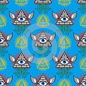 Pyramid with an eye pattern seamless. All-seeing eye background. Symbol of world government. Illuminati conspiracy theory texture