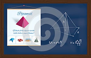 Pyramid. Geometric figure and formulas for calculating its surface area and volume drawn in chalk on chalkboard