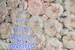 Pyramid from glasses of champagne on wedding party. Floral background, place for text on the right