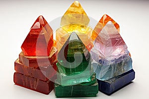 a pyramid of healing crystals in seven chakra colors