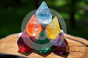 a pyramid of healing crystals in seven chakra colors