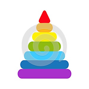 Pyramid icon. Childrens colorful plastic toy. Rainbow color stacking ring set. Triangle shape. Education card for kids. Isolated.