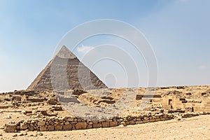 Pyramid of Khafre of Chephren is the second tallest of the Ancient Egyptian Pyramids of Giza and the tomb of pharaoh Khafre