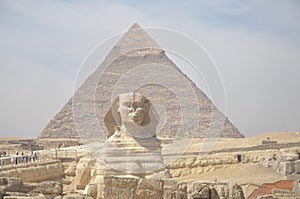 The pyramid of Khafre or of Chephren with a statue of a sphinx in the foreground