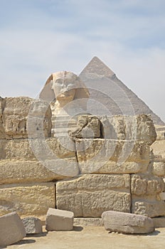 The pyramid of Khafre or of Chephren with a statue of a sphinx in the foreground