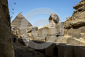 The Pyramid of Khafre and the Sphinx on the Giza Plateau in Cairo in Egypt.