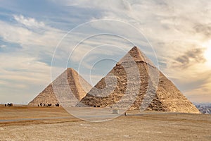 The Pyramid of Khufu and the Pyramid of Khafre with dramatic sky in Egypt