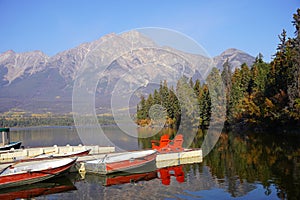 Pyramid Lake in Jasper national Park in autumn season