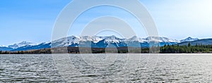 Pyramid Lake. Jasper National Park mountain range landscape, panoramic view. Canadian Rockies