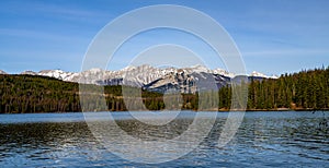 Pyramid Lake. Jasper National Park mountain range landscape, panoramic view. Canadian Rockies.