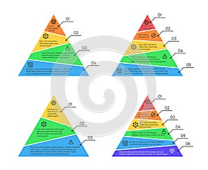 Pyramid, layers chart infographic vector elements with different numbers of levels