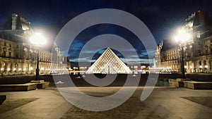 The pyramid of Louvre by night, Louvre museum, Paris, France