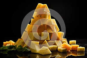 a pyramid made of cheese wedges and cubes